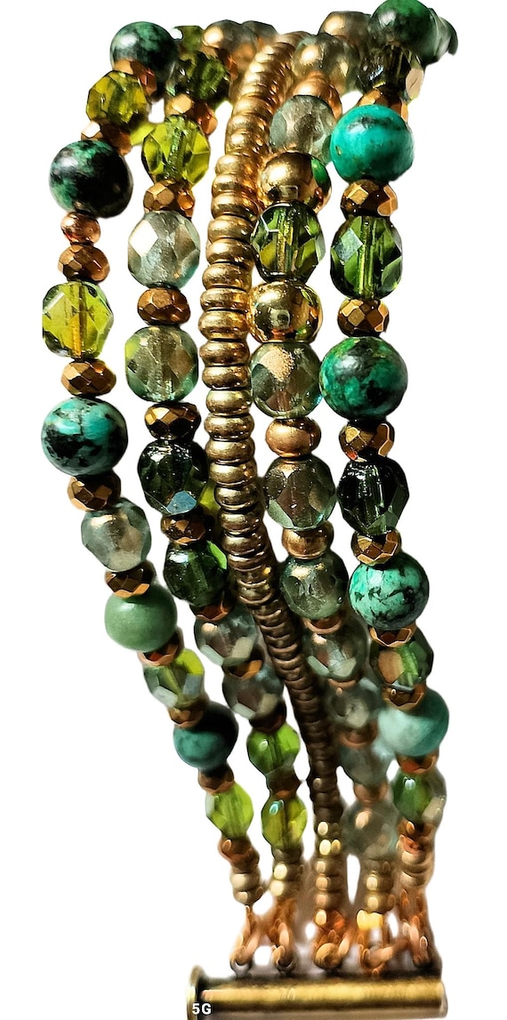 African Turquoise, Czech Glass, and Brass Heishi Five -Strand Bracelet