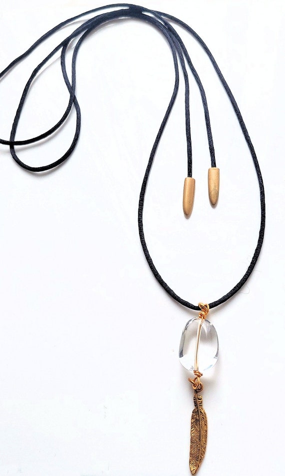 Clear Crystal Quartz & 24k Gold-plated Pewter Feather Pendant Necklace