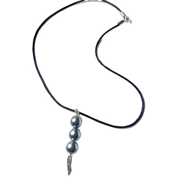 Soft Gray Glass Pearl Trio w/Silver Spike Drop Necklace