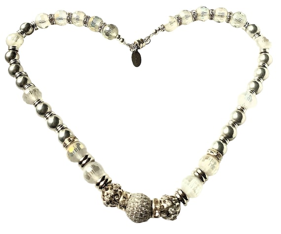 Czech Glass Silver Druk Bead Choker: Rhinestone Pave Focal Convertible Bracelet