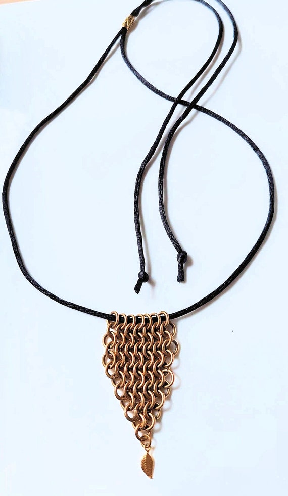 Brass Chain Maille Leaf Pendant with Petite Gold Leaf Drop Necklace