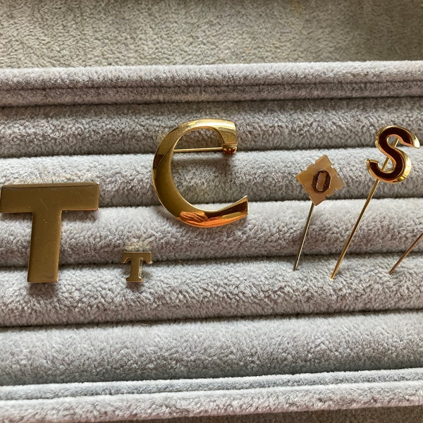 Your Choice of ONE Vintage Modern Initial Brooch Pin Pinback Stick Pins Hatpin Letters T C G S O Initial Letter Jewelry A15