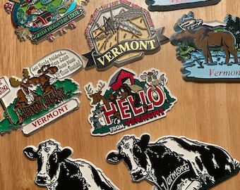 Choice of One Vintage Modern Refrigerator Magnet State Souvenir Rubber Plastic USA Travel Vermont VT Cow Green Mountian Moose Farms