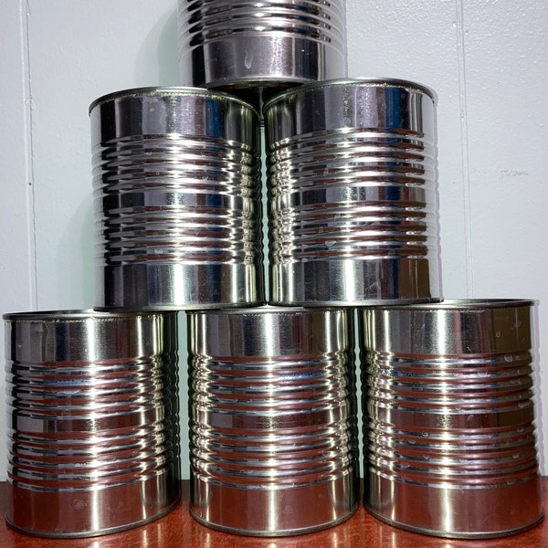 6 EMPTY Metal Silver Steel Tin Cans 5"Hx 4"D #2.5 Size 28oz Tomatoes Recycle Upcycle Luminaries Planter Organize Storage Vase DIY Crafts