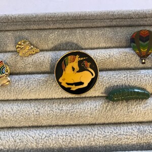 May include: A collection of enamel pins featuring various designs. Includes a gold cloud, a rainbow, a unicorn, a hot air balloon, and a pickle. The pins are set against a gray, textured background.