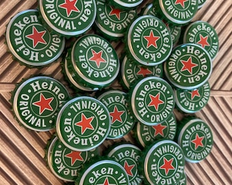 30 pc Dented Heineken Beer Bottle Caps Green White Red Star Recycled for Upcycle Mixed Media Jewelry Collage Wall Art Collect