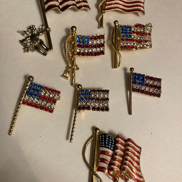 Your Choice of ONE Vintage or Modern American USA America Flag Costume Brooch Pin Accent Jewelry Enamel Rhinestone Patriotic 4th JulyEB37