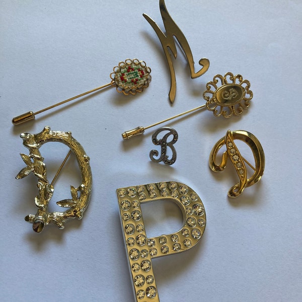 Your Choice of ONE Vintage Initial Brooch Pin Stickpin Hatpin Pinback Letters M P D B J Initial Letter Jewelry