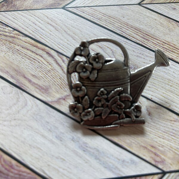 Vintage Pewter-tone Birds & Blooms 2000 Limited Edition Brooch Pin Flower Garden Watering Can A15