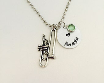 Musical Instrument hand stamped necklace, Trumpet necklace, Music instrument, Music Necklace, Trumpet Jewelry, Gift for Musician