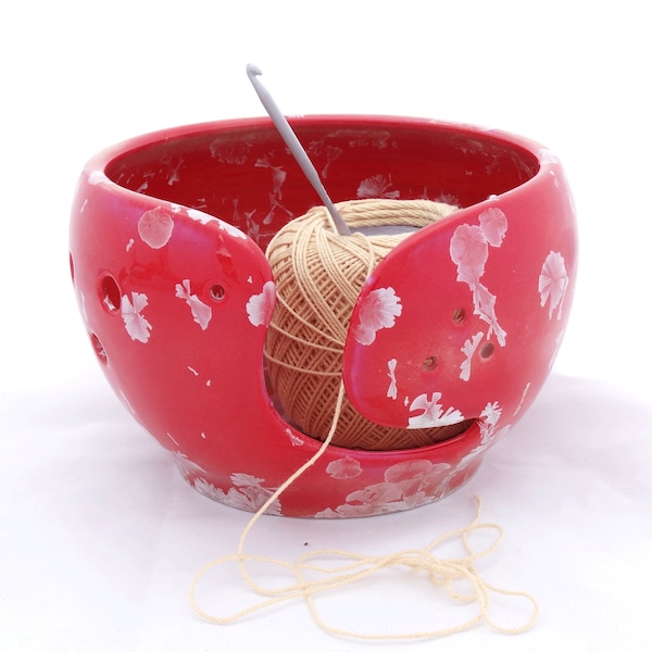 Red Ceramic Crochet Bowl with White Crystals from Crystalline Glazing