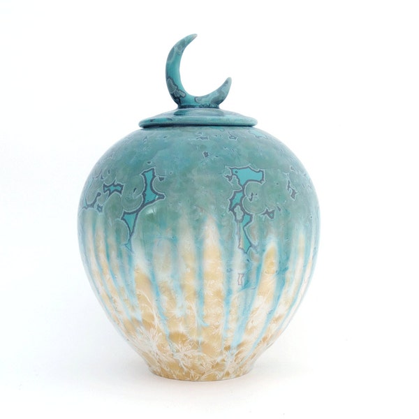 Oriental Inspired Ceramic  Lidded Container, Crystalline Glazed Decorative Pottery,