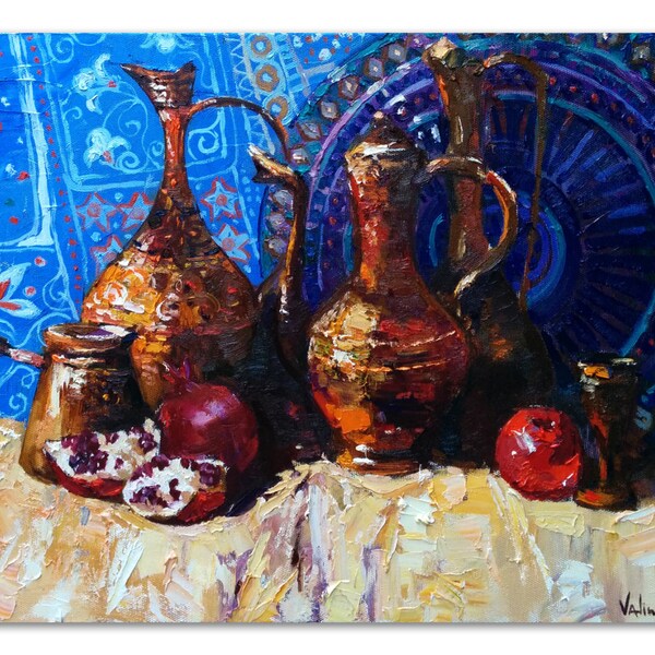 East still life painting Original oil painting, Oriental pitchers and garnets on canvas, 19.7 " x 29.5", Fine art by Valiulina