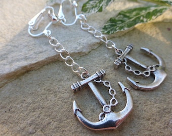 Ships Anchor Silver Plated Clip On Earrings on Chain, Jewellery, Jewelry, Gift