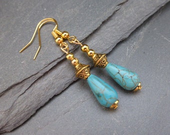 Elegante Türkis Blau Howlith Teardrop vergoldet Ohrhänger, Schmuck, Geschenk, UK Verkäufer