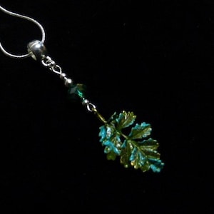 Fun Hand Patinated Green Verdigris Style Woodland Oak Leaf and AB Crystal Necklace, 17" Brass Snake Chain Jewellery, UK Seller