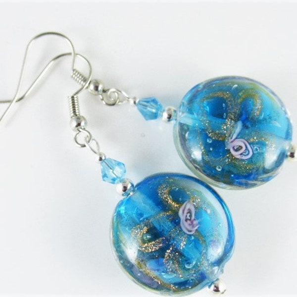 Beautiful Blue & Gold Lampwork Glass Coin Drop Dangle Pierced Earrings, Jewellery, Jewelry, Gift, UK Seller