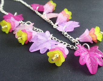 Pretty Handcrafted Pink & Green Summer Flower Leaf Necklace on 18" Silver Plated Chain, Jewellery by Brontique, Jewelry, Gift, UK Seller