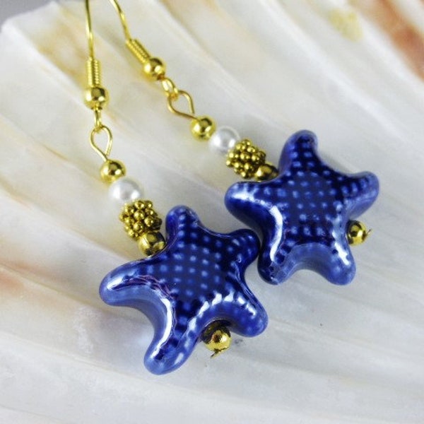 Pretty Pearlised Blue Porcelain Starfish Bead Gold Plated Earrings, Pierced, Jewellery, Gift, UK Seller