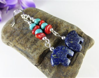 Gorgeous Blue Lapis Lazuli Zuni Bear, Red Coral & Turquoise Sterling Silver Earrings, Handmade Jewellery, UK Seller