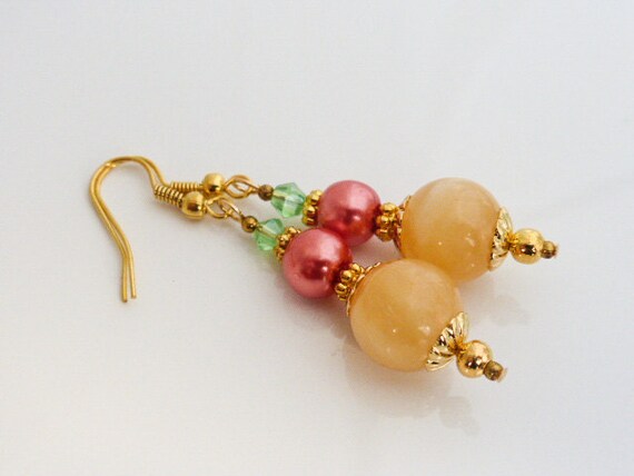 Pretty Golden Honey Quartz, Coral Pink Glass Pearl and Green Crystal Drop Earrings, Jewellery, Jewelry, Gift, UK Seller