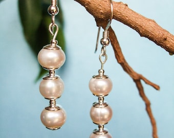 Classic Freshwater Pearl Earrings, Drop Dangle Earrings, Handmade Jewellery, Sterling Silver Ear Wires, Jewelry, UK Seller