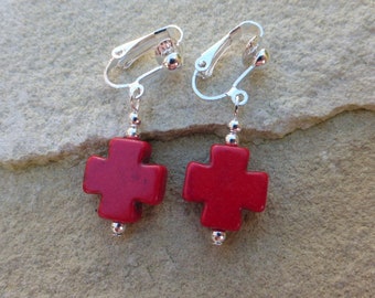 Cute Howlite Greek Cross Silver Plated Clip On Earrings, Mixed Colour Options, Pierced, Jewellery, Gift, UK Seller