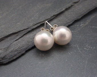 Elegant 10mm White Shell Pearl Sterling Silver Pierced Stud Earrings, Handmade Jewellery, UK Seller