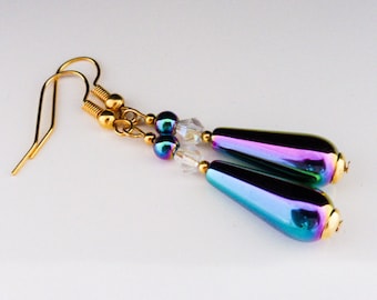 Beautiful Shimmering Blue Green Pink Gold Rainbow Hematite Teardrop Earrings, Handmade Jewellery, Jewelry, UK Seller