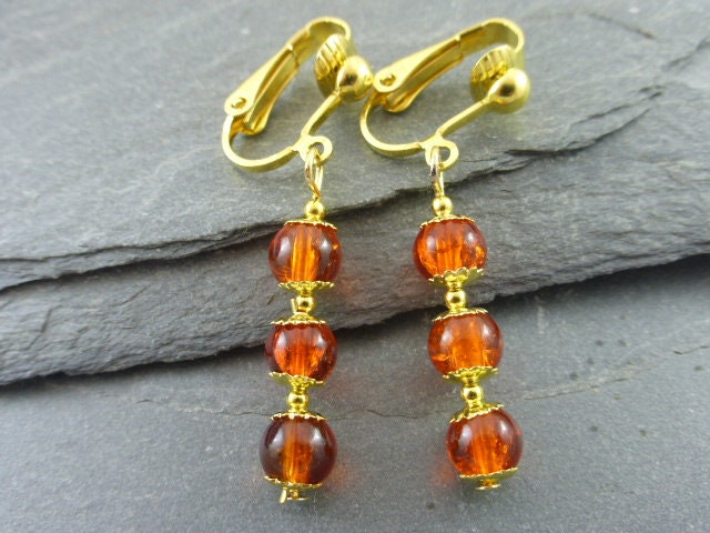 Boucles D'oreilles Clips En Ambre Véritable, Forme Trapèze Rétro Années 80