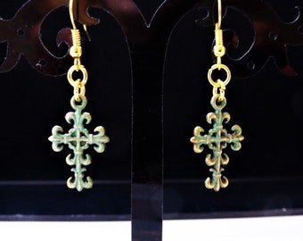 Stylish Green Patinated Filigree Cross Gold Plated Drop Dangle Pierced Earrings, Jewellery, Jewelry, Gift