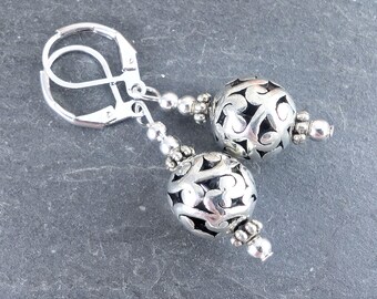 Pretty Tibetan Silver Carved Ball Pierced Leverback Earrings, Jewellery, Gift, UK Seller