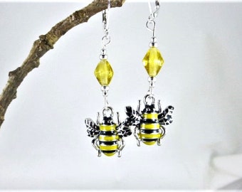 Sweet Yellow & Black Enamel Bumble Bee Earrings, Pierced, Leverback, Jewellery, Gift, UK Seller