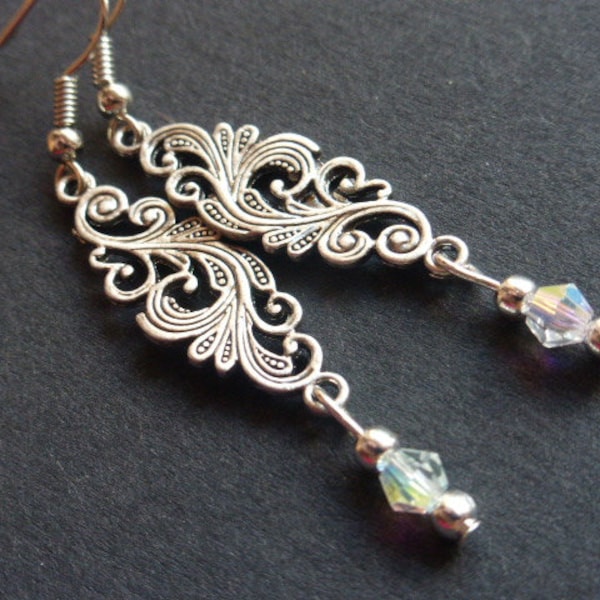 Elegant Edwardian Style Filigree & Crystal Silver Plated Dangle Earrings, Pierced, Jewellery, Gift, UK Seller