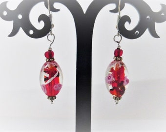 Pretty Red and Silver Foil Lampwork Glass & Crystal Drop Dangle Pierced Earrings