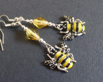 Sweet Yellow & Black Enamel Bumble Bee Earrings, Pierced, Jewellery, Gift, UK Seller