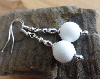 Beautiful White Jade Drop Dangle Silver Plated Earrings, Pierced, Jewellery, Gift, UK Seller