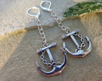 Ships Anchor Silver Plated Pierced Leverback Earrings on Chain, Jewellery, Jewelry, Gift