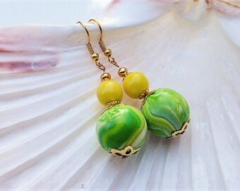 Zesty Bright Green & Yellow Swirl Polymer Clay Pierced Earrings, Jewellery by Brontique, Jewelry, Gift, UK Seller