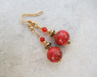 Beautiful Red & Gold Handpainted Porcelain and Crystal Earrings, Clip on, Pierced, Gold Plated, UK Seller