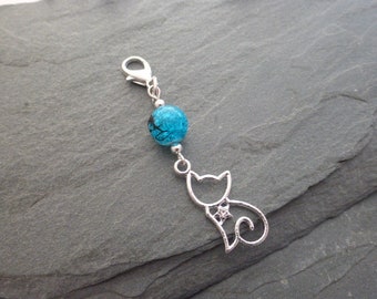 Cute Cat Charm with Rhinestone & Blue Crackle Glass Bead Silver Purse, Diary, Stitch Marker, Zipper, Gift, UK Shop