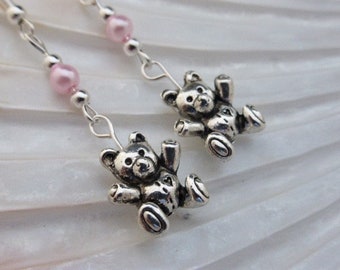 Adorable 3D Teddy Bear & Pink Glass Pearl Silver Plated Earrings, Jewellery, Jewelry, UK Seller