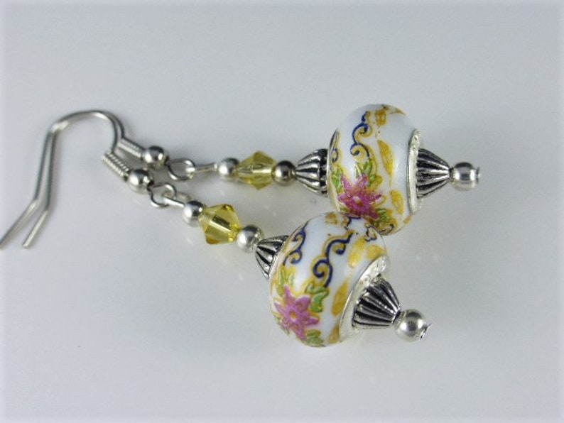 UK Seller Chinese Style Yellow /& Pink Porcelain Beads with Gold Crystals Jewellery Drop Dangle Earrings