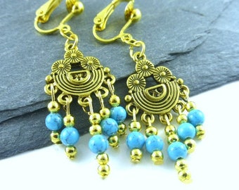 Beautiful Egyptian Style Gold & Turquoise Chandelier Earrings, Clip-On, Jewellery, Gift, UK Seller