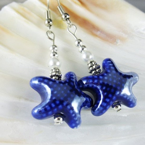 Pretty Pearlised Blue Porcelain Starfish Bead Dangle Silver Plated Earrings, Pierced, Jewellery, Gift, UK Seller