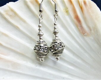 Pretty Clear Rhinestone Barrel Bead Dangle Vintage Silver Earrings, Pierced, Jewellery, Gift, UK Seller