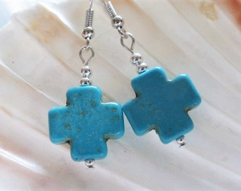 Cute Howlite Greek Cross Silver Plated Earrings, Mixed Colour Options, Pierced, Jewellery, Gift, UK Seller