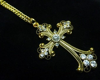 Large Antique Gold & Rhinestone Cross Necklace, 28" Gold Cable Chain, Goth, Crucifix, Jewellery, Necklace, Gift, UK Seller