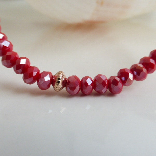 Dainty Crimson Red AB Plated Faceted Glass & Rose Gold Stretchy Beaded Bracelet, Handcrafted, UK Seller