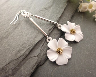Pretty Long Flower Earrings, Pierced or Clip on White, Yellow, Purple, Peach, Green, Jewellery, Gift, UK Seller